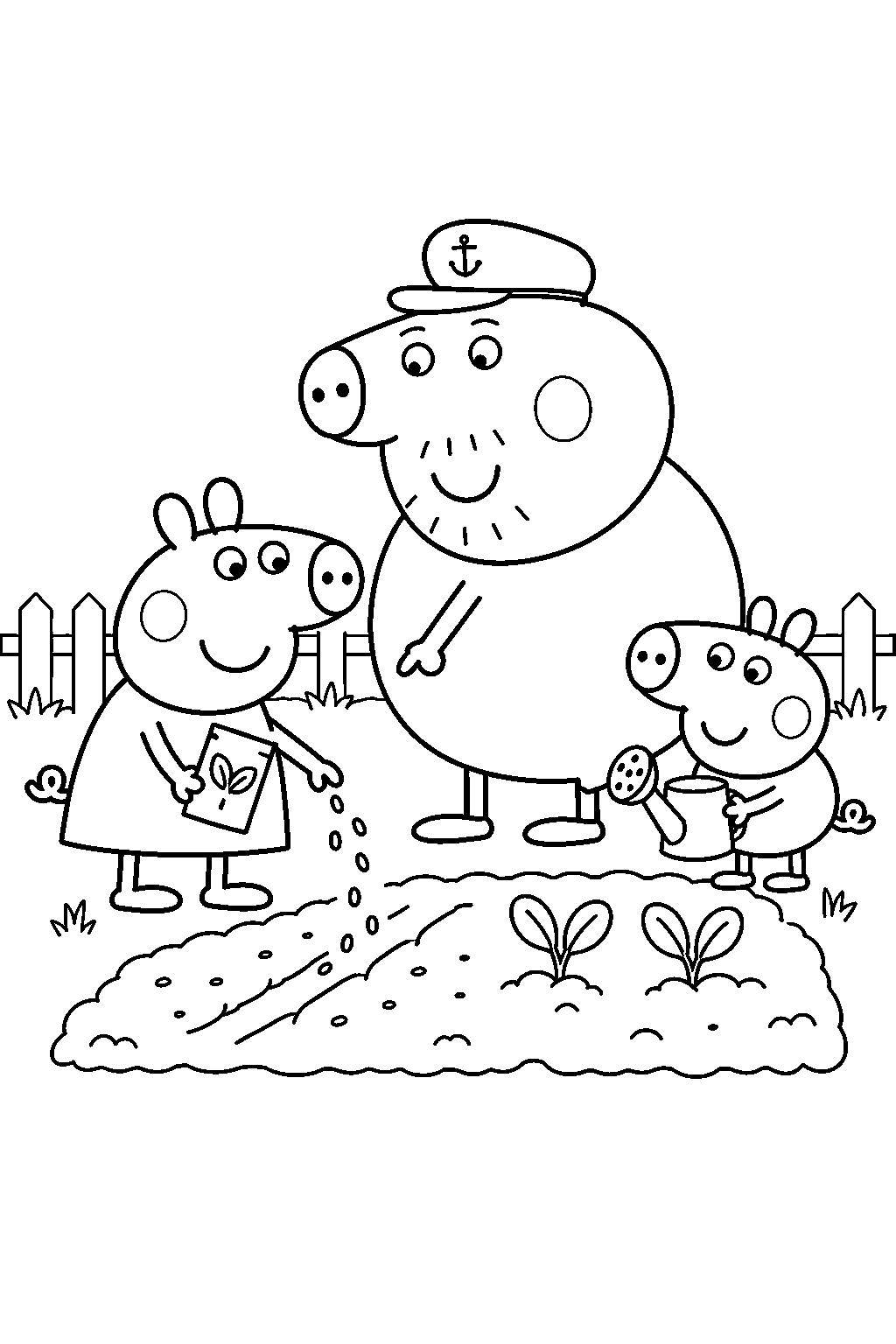 peppa pig planting seeds with george and grandpa pig in the vegetable garden line art
