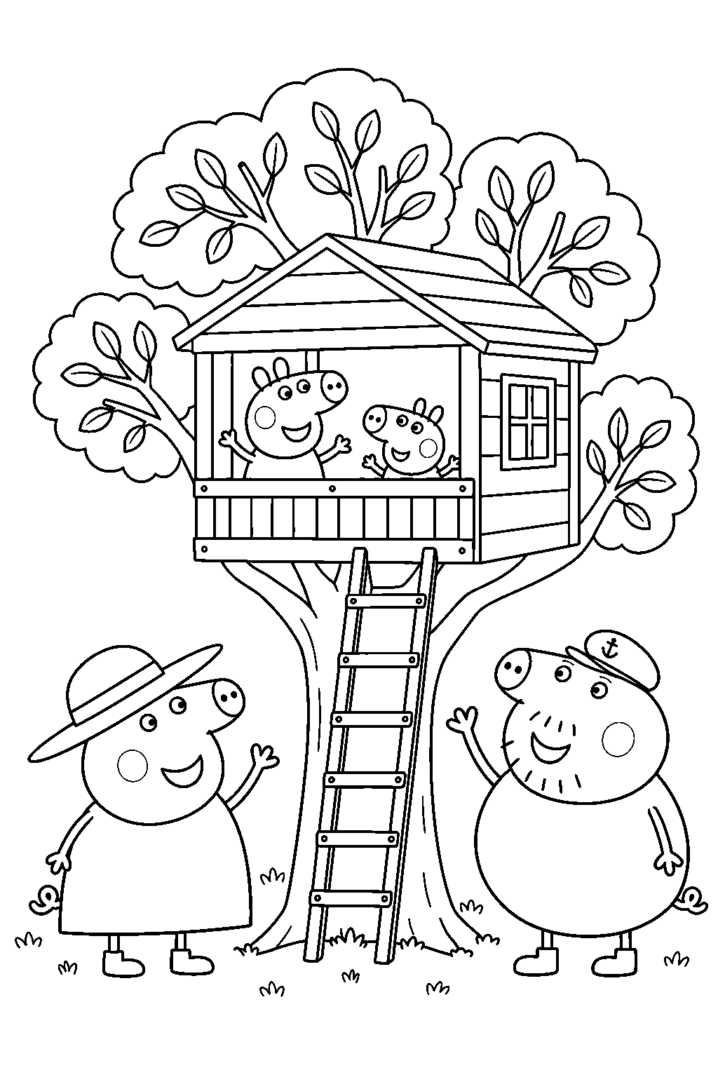 peppa pig playing in grandpa pig s garden tree house with george while granny pig and grandpa pig wave below line art
