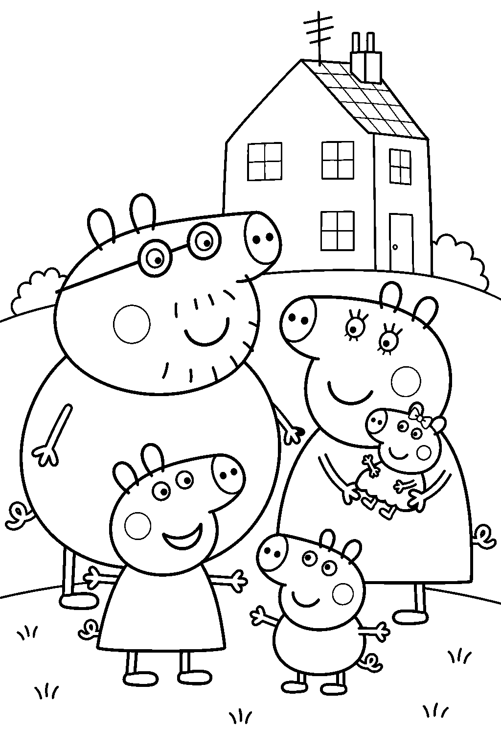 peppa pig posing with george mummy pig daddy pig and baby evie outside their family house line art
