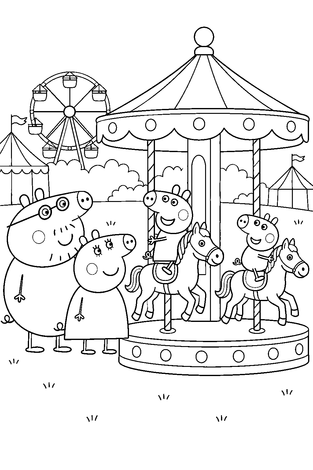 peppa pig riding a carousel with george while mummy pig and daddy pig watch at the funfair line art