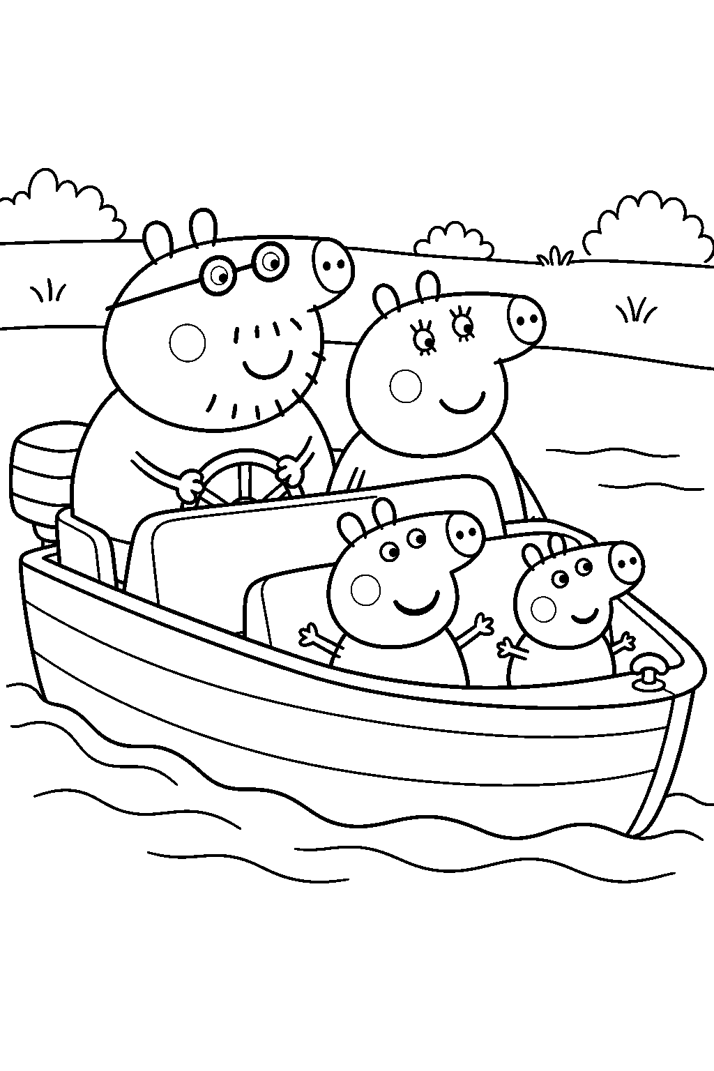 peppa pig riding a river boat with george and mummy pig while daddy pig steers line art