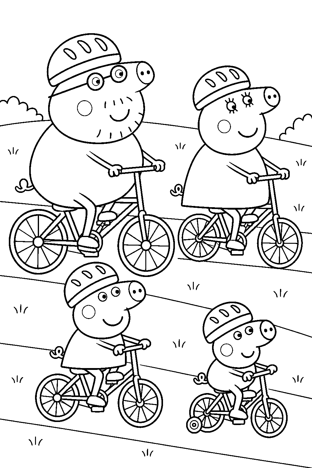 peppa pig riding bicycles with george mummy pig and daddy pig on a family cycle ride line art