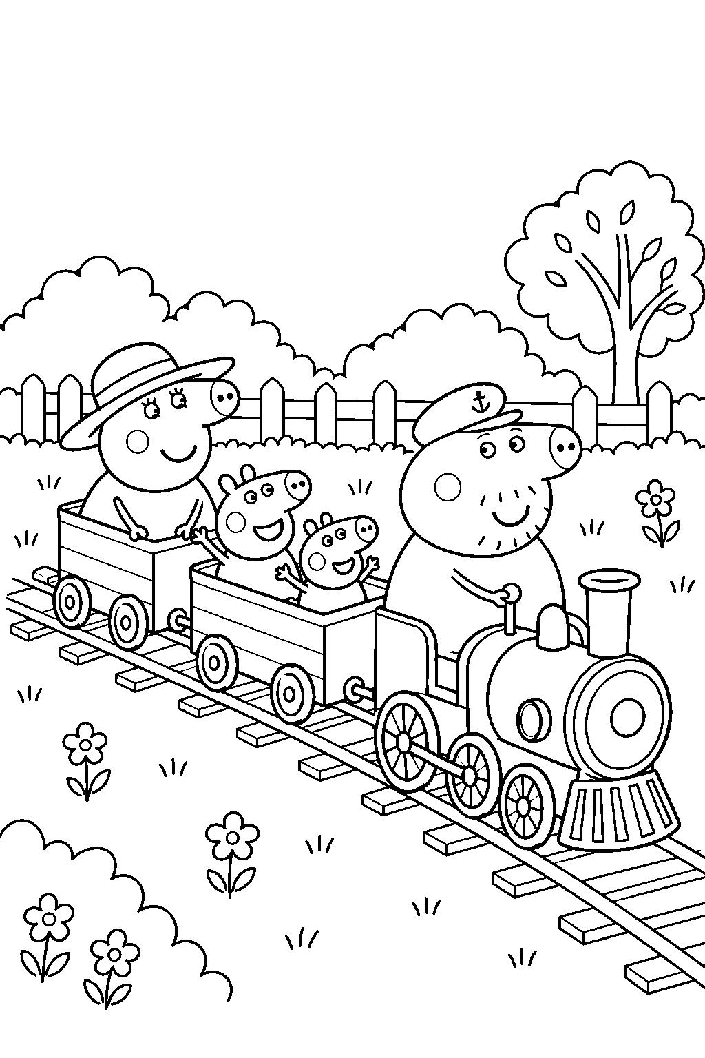 peppa pig riding grandpa pig s little train gertrude with george and granny pig line art