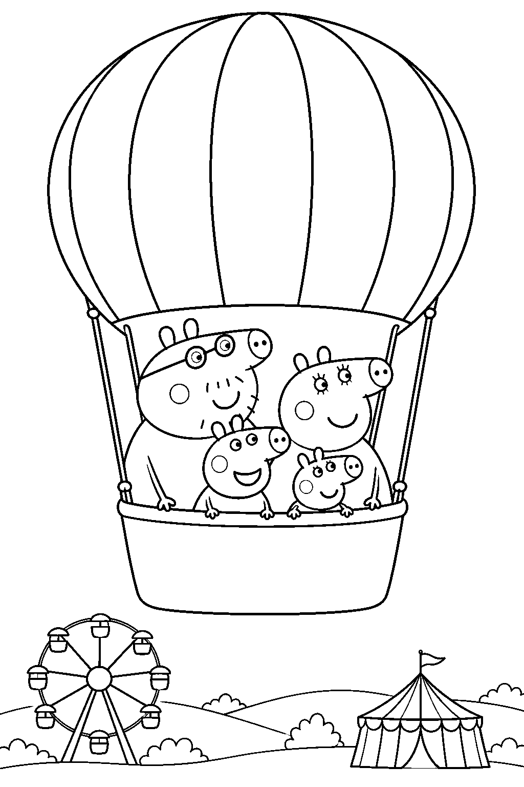 peppa pig riding in a hot air balloon with george mummy pig and daddy pig above the fair line art