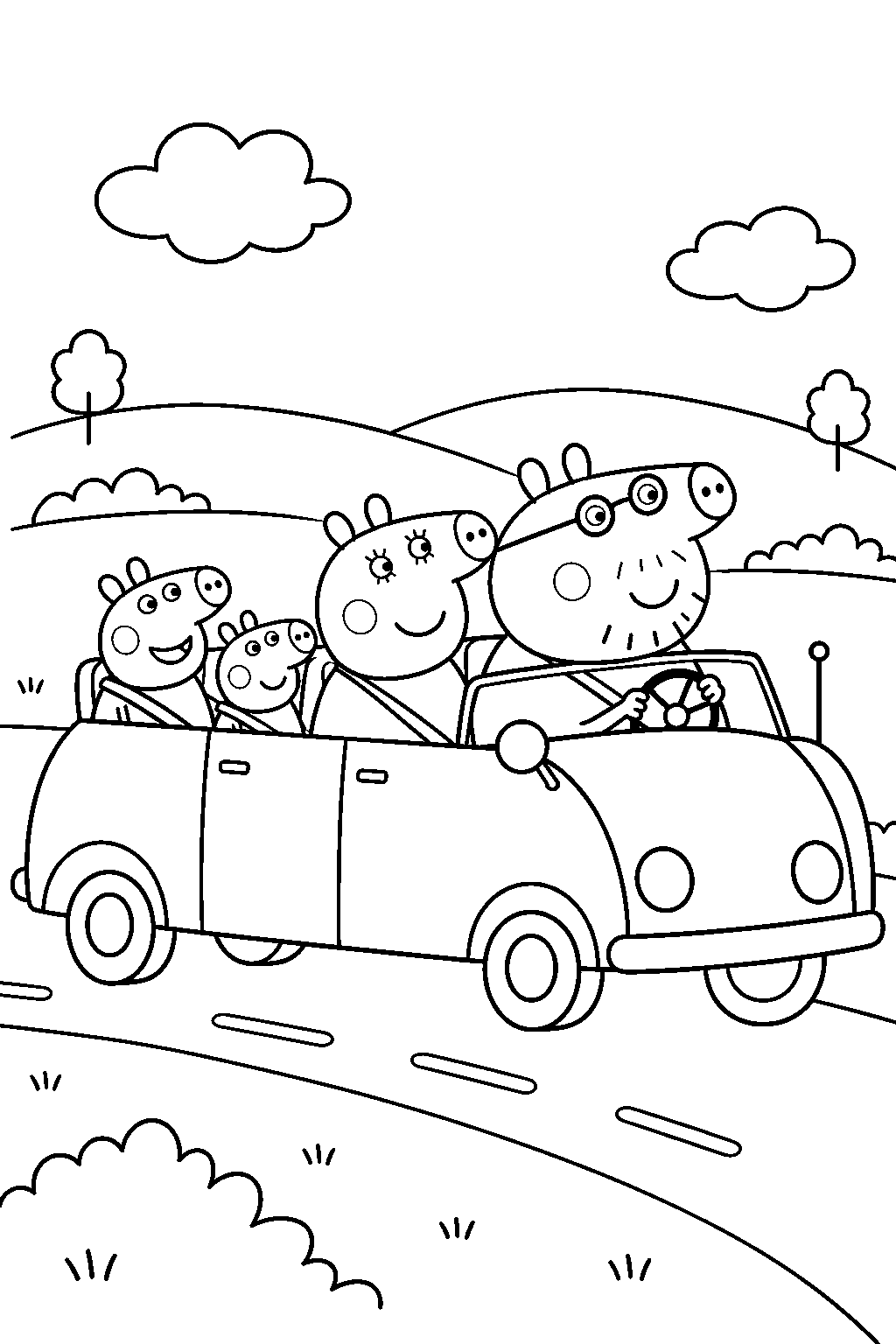 peppa pig riding in the family car with george mummy pig and daddy pig along a country road line art