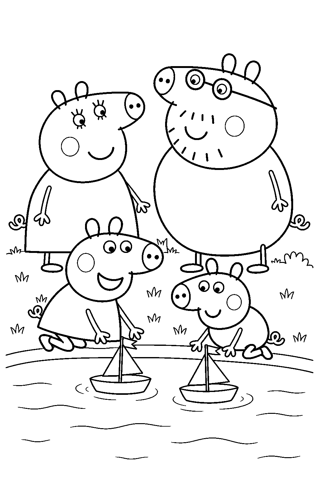 peppa pig sailing toy boats with george mummy pig and daddy pig at the boat pond line art