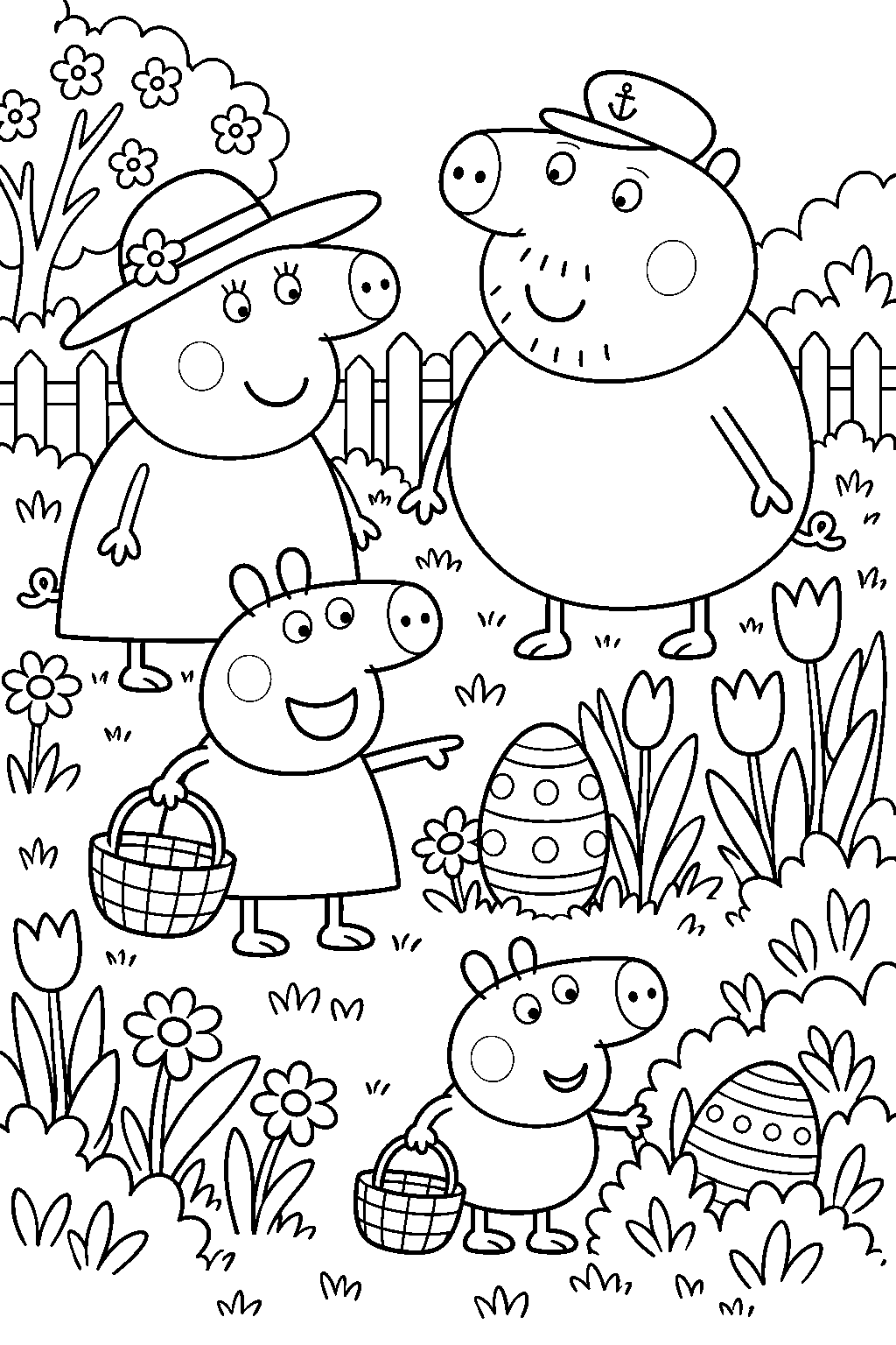 peppa pig searching for easter eggs with george granny pig and grandpa pig in the spring garden line art