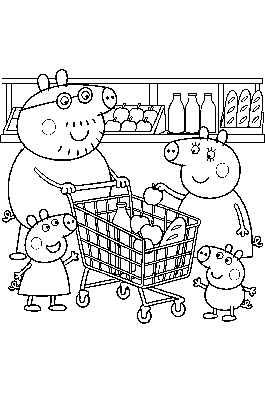 peppa pig shopping for groceries with george mummy pig and daddy pig at the supermarket line art