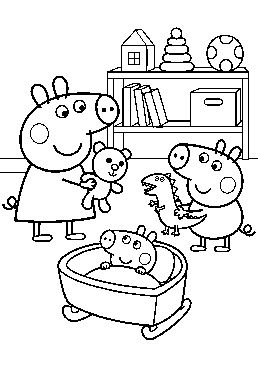 peppa pig showing teddy to baby evie while george shows mr dinosaur in the family playroom line art