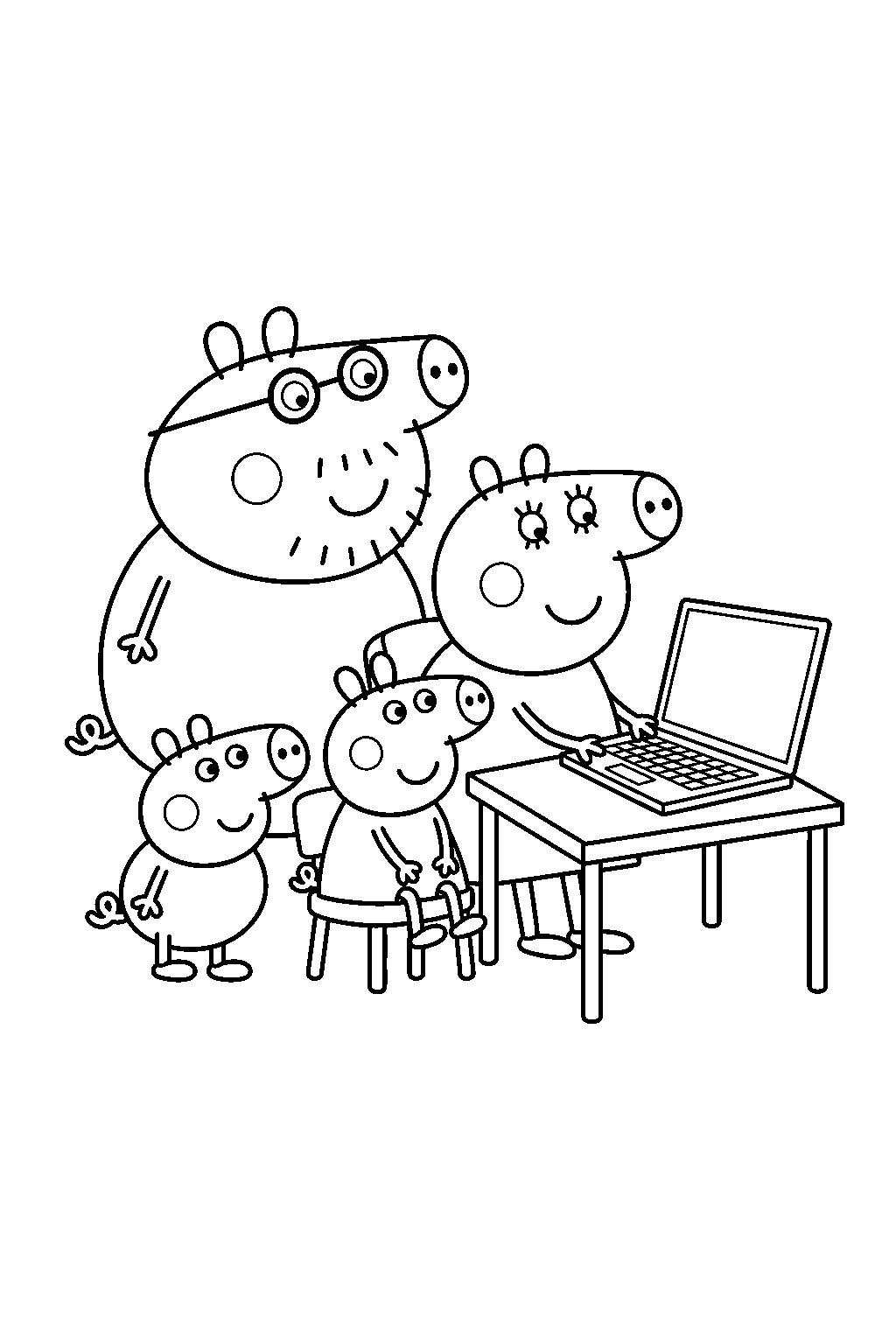 peppa pig sitting beside mummy pig at her computer while george and daddy pig look on line art