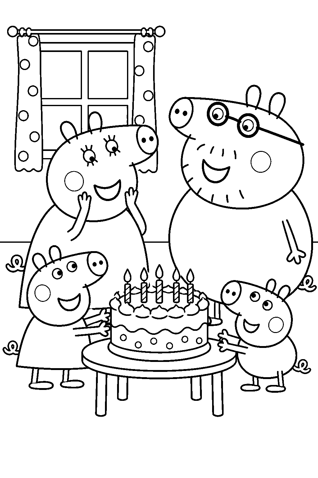 peppa pig surprising mummy pig with a birthday cake beside george and daddy pig line art
