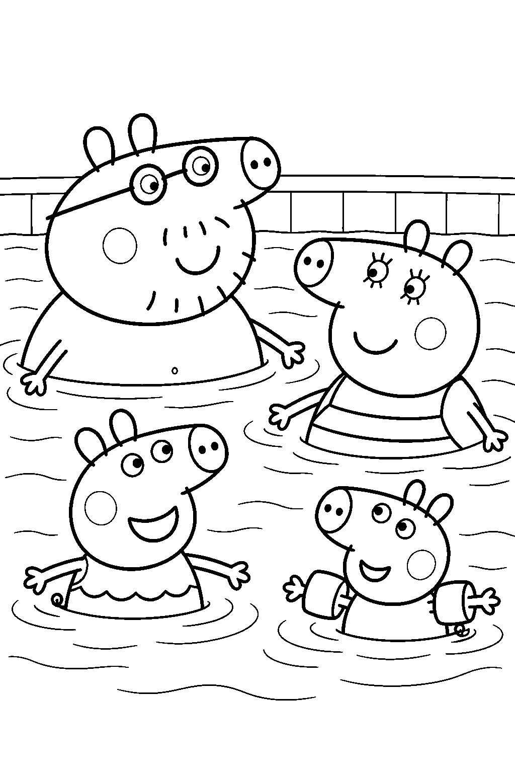 peppa pig swimming with mummy pig and daddy pig while george wears armbands in the swimming pool line art