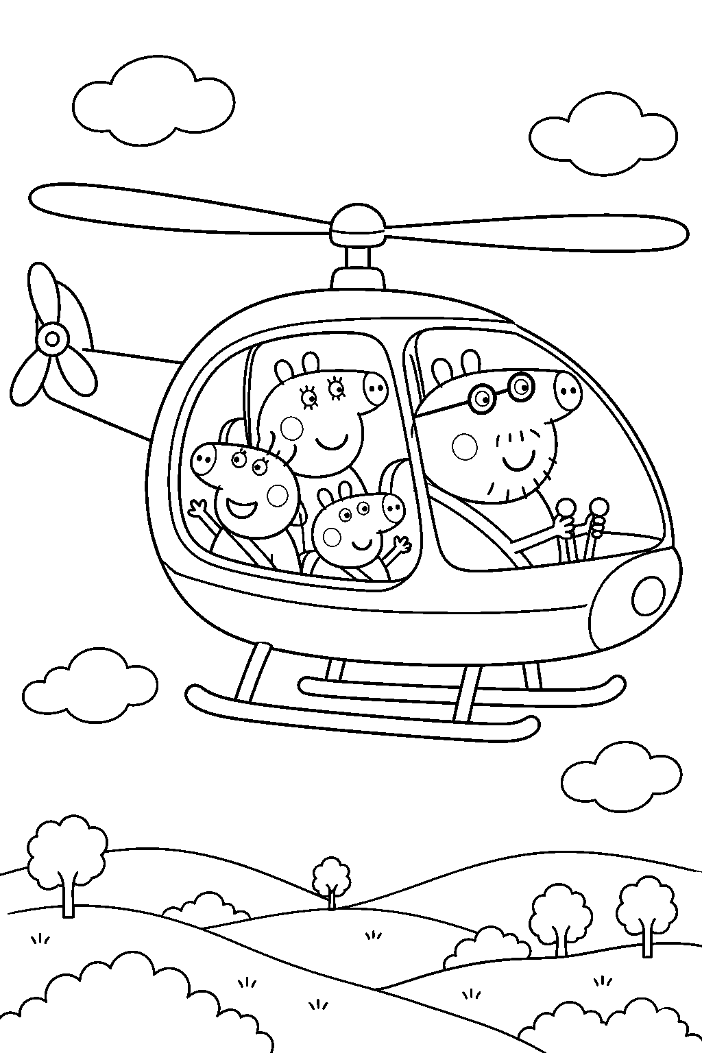 peppa pig taking a helicopter ride with george mummy pig and daddy pig line art