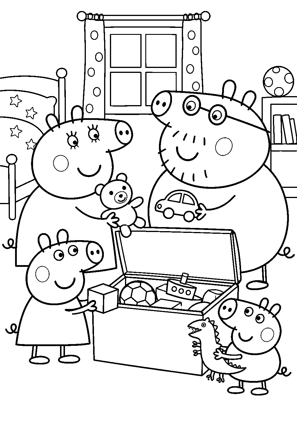 peppa pig tidying bedroom toys with george mummy pig and daddy pig line art