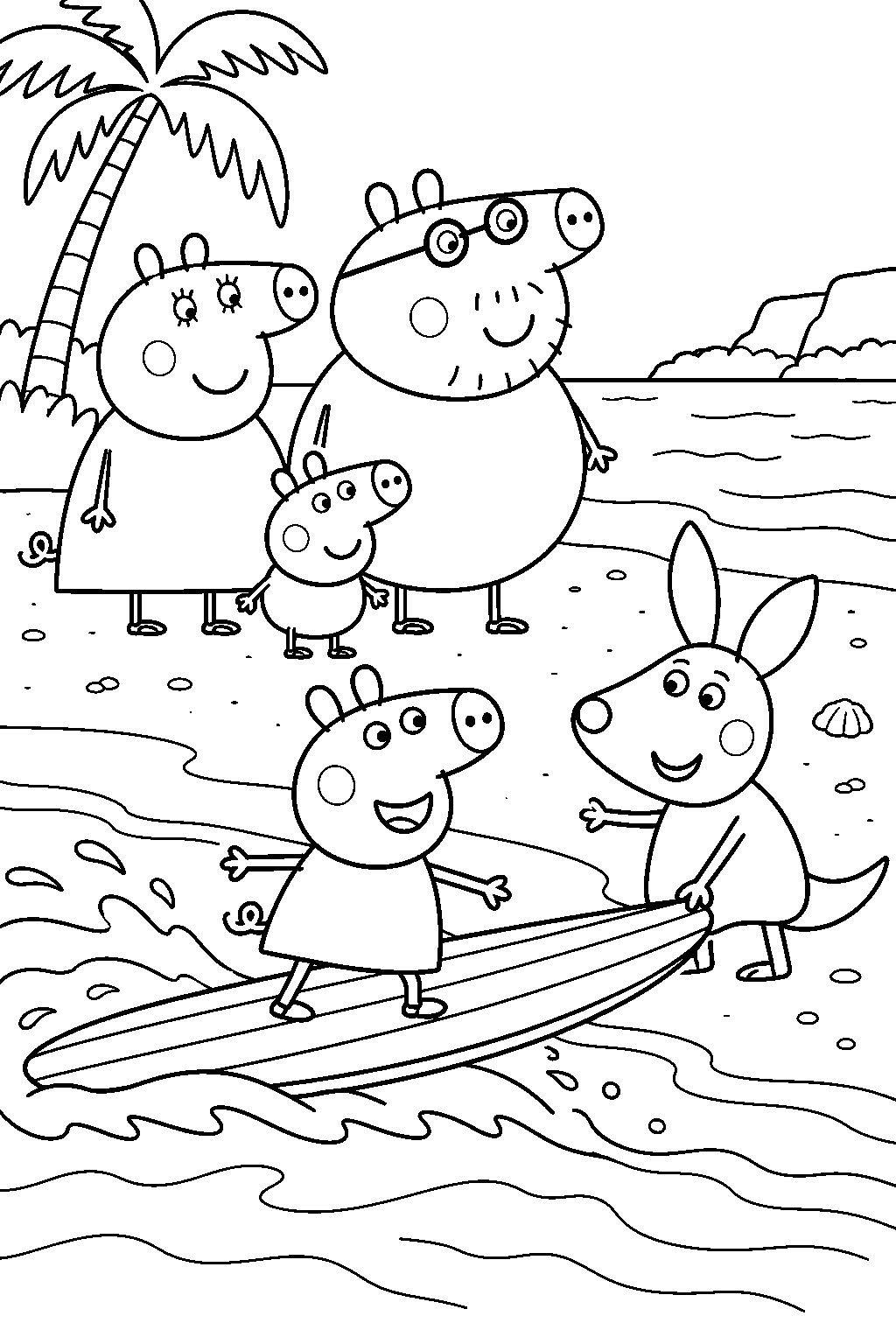 peppa pig trying a surfboard with kylie kangaroo while george mummy pig and daddy pig watch at an australian beach line art
