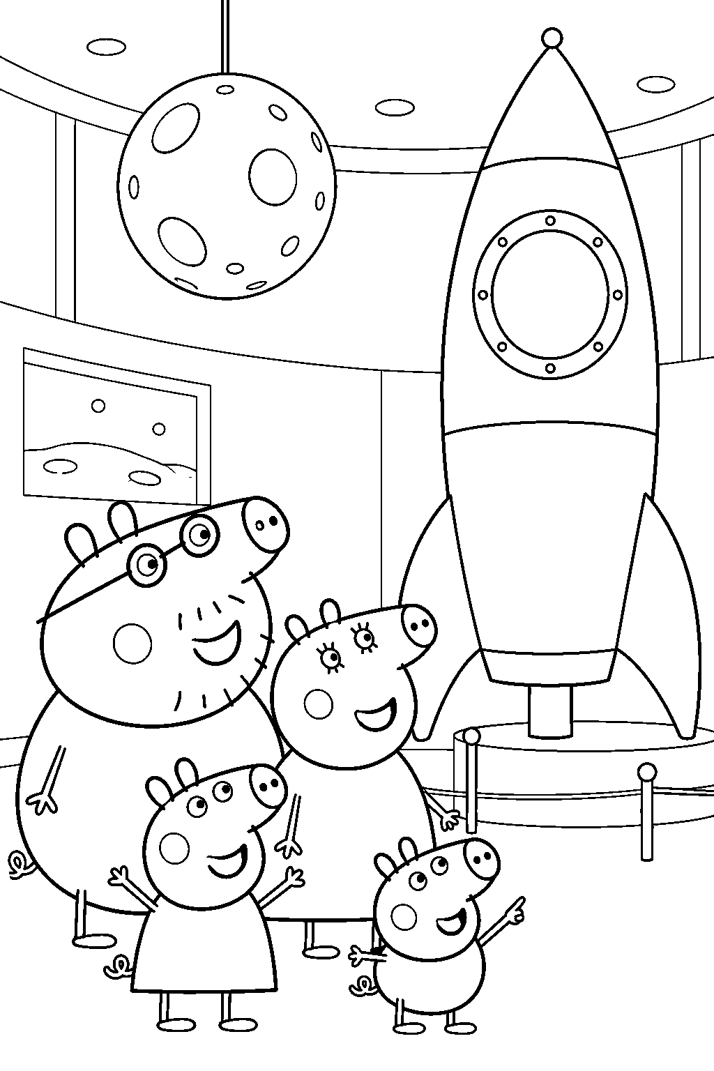 peppa pig viewing a rocket display with george mummy pig and daddy pig at the museum s moon exhibition line art