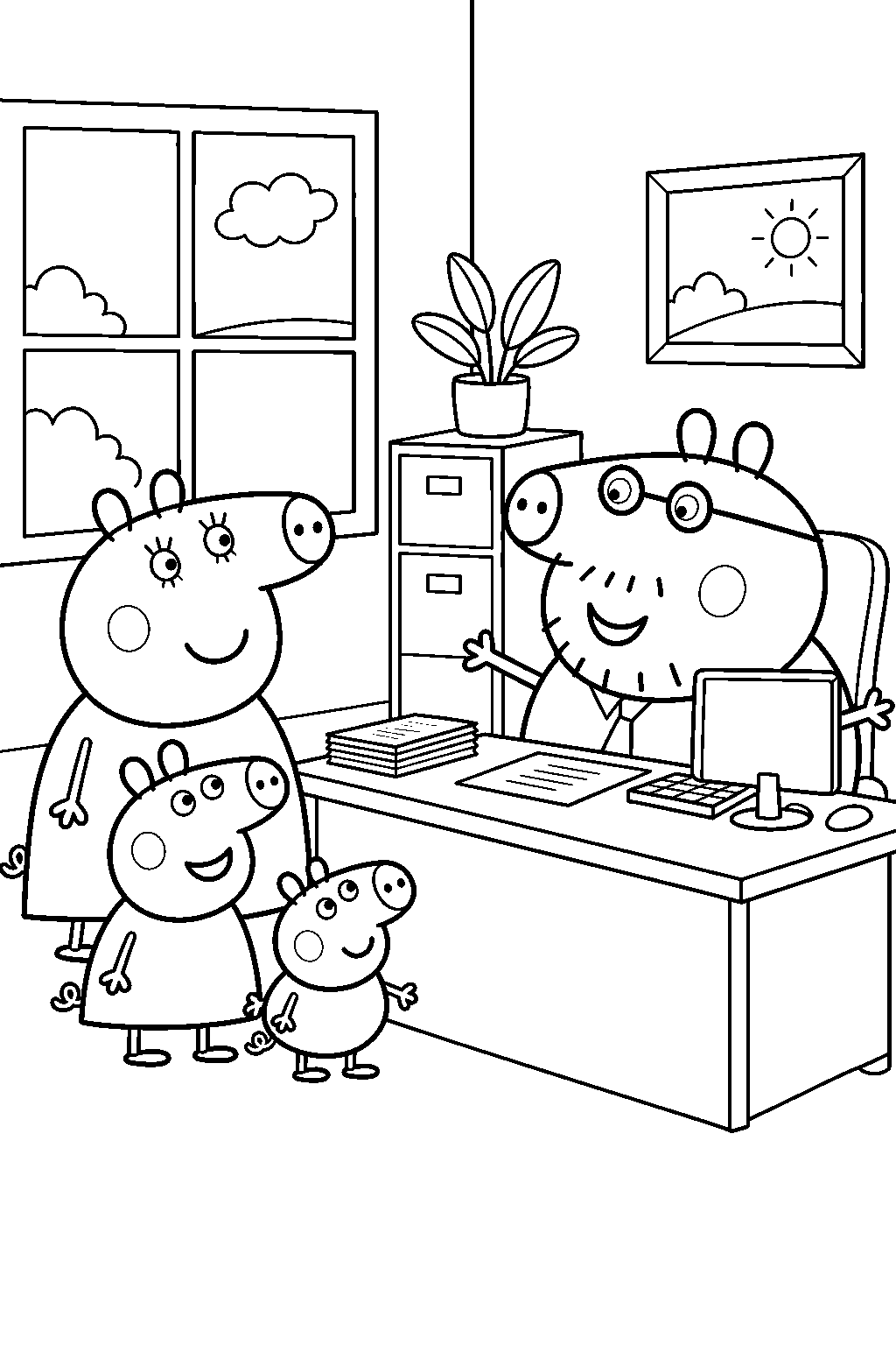 peppa pig visiting daddy pig s office with george and mummy pig line art