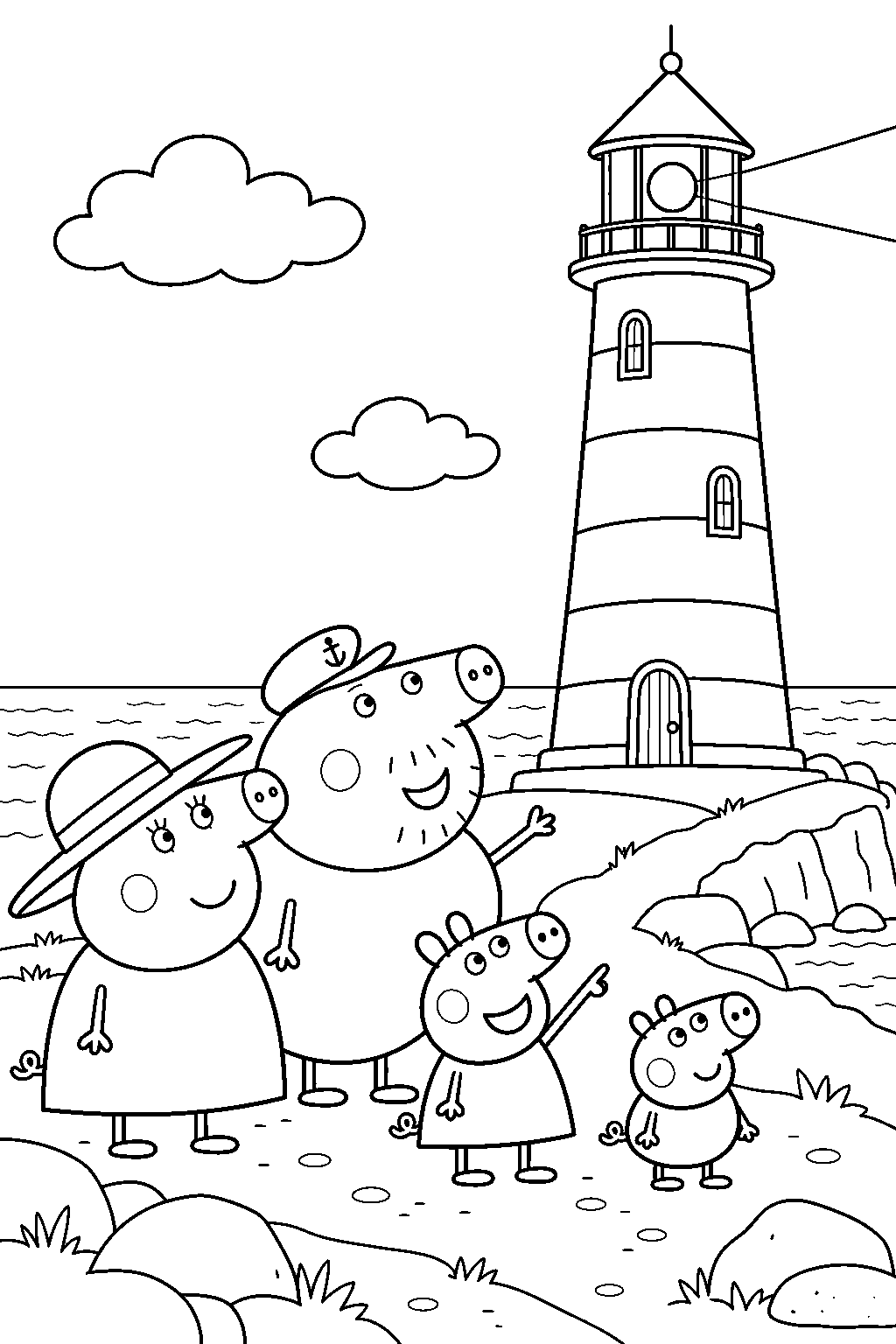 peppa pig visiting grampy rabbit s lighthouse with george granny pig and grandpa pig line art