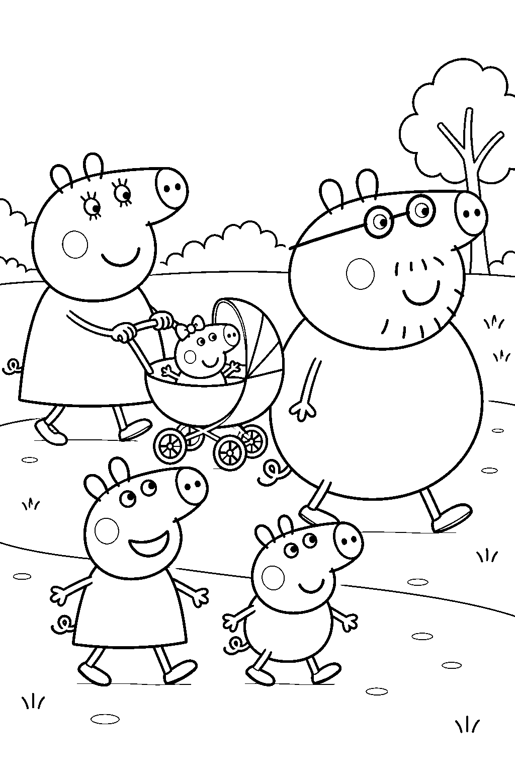 peppa pig walking with george and daddy pig while mummy pig pushes baby evie in her pram at the park line art