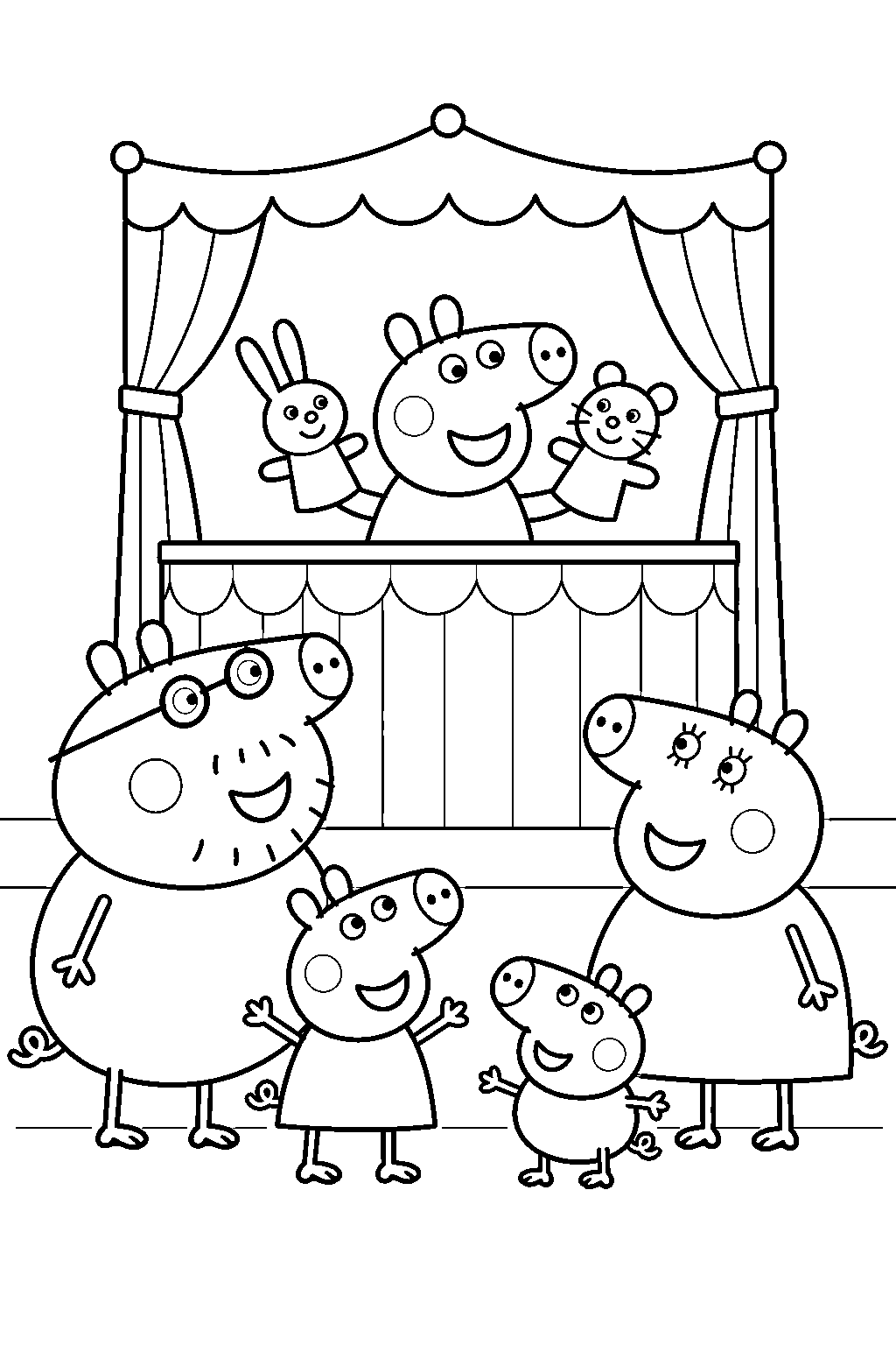 peppa pig watching cousin chlo s puppet show with george mummy pig and daddy pig line art