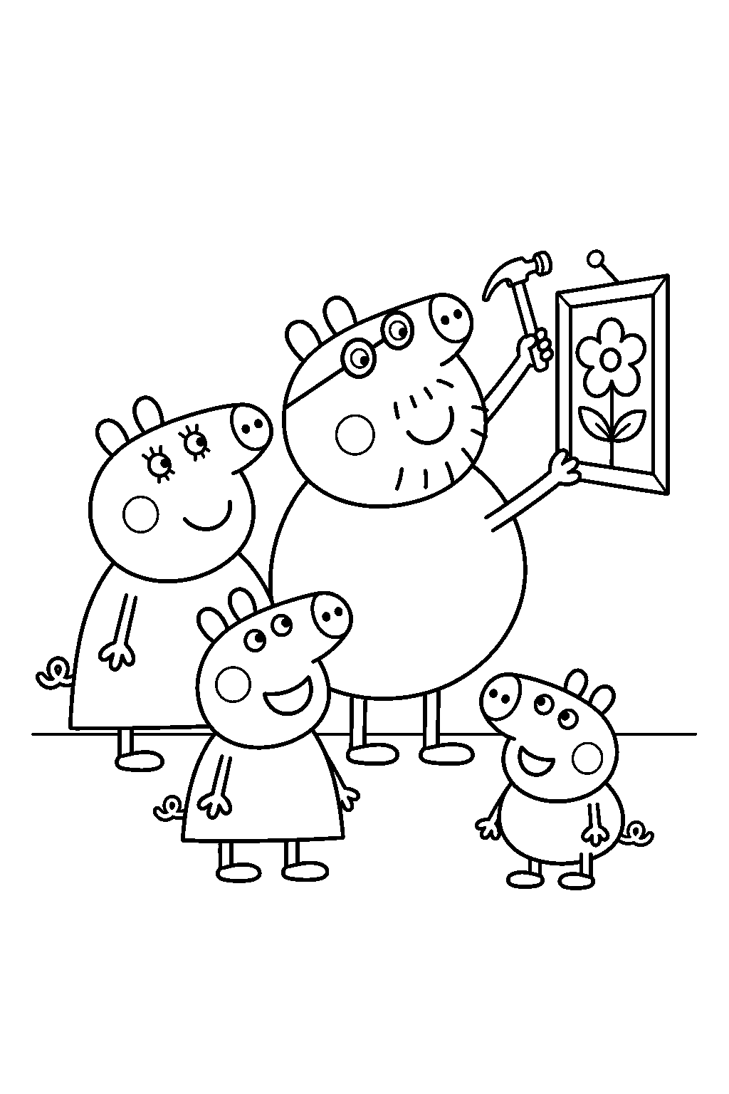 peppa pig watching daddy pig hang a picture while george and mummy pig stand beside him line art