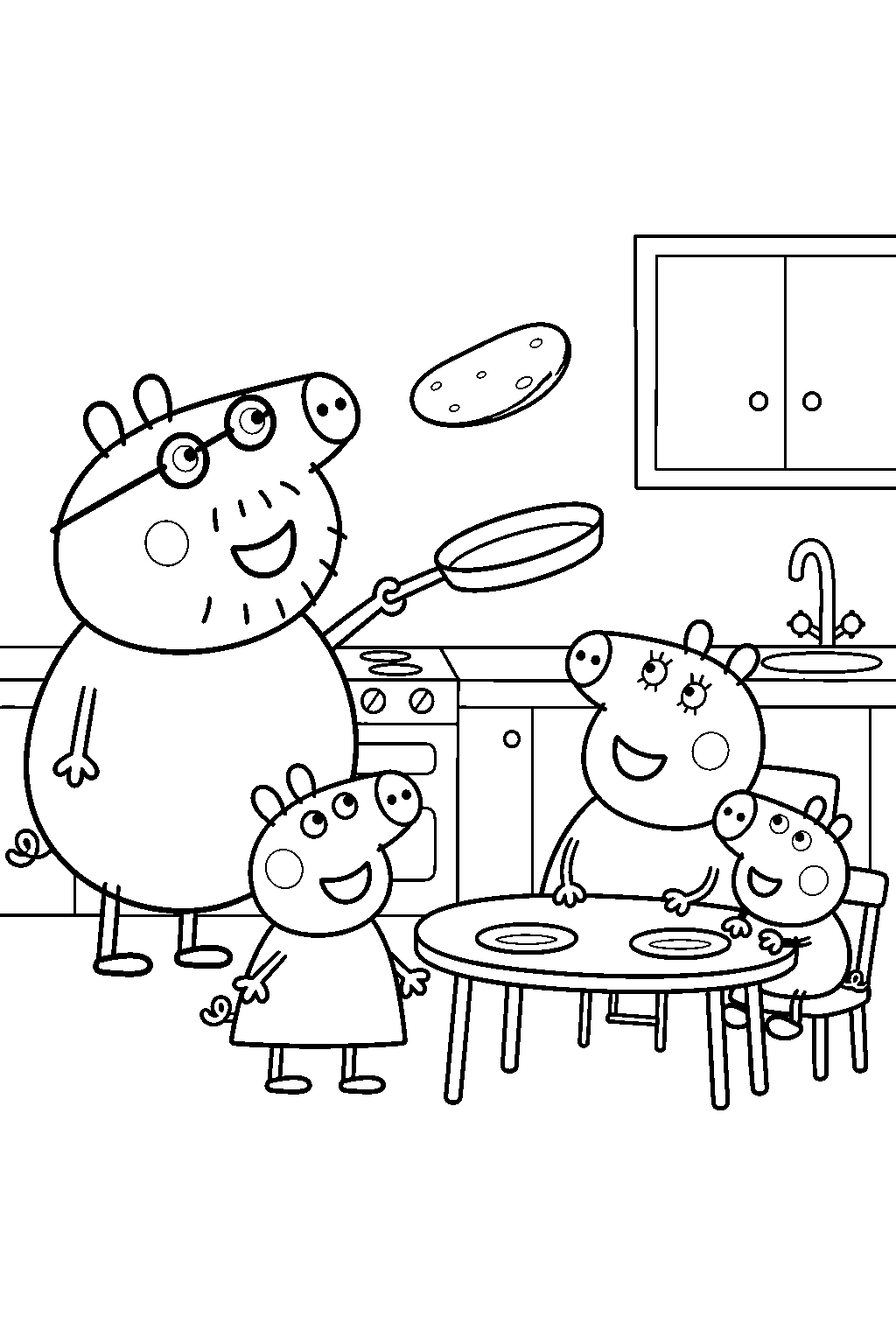 peppa pig watching daddy pig toss a pancake while george and mummy pig wait at the kitchen table line art