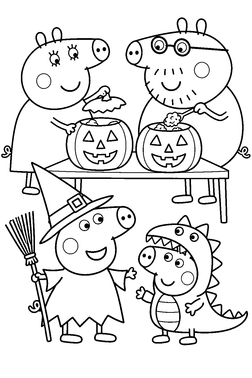 peppa pig wearing a witch costume beside george in a dinosaur costume while mummy pig and daddy pig prepare halloween pumpkins line art