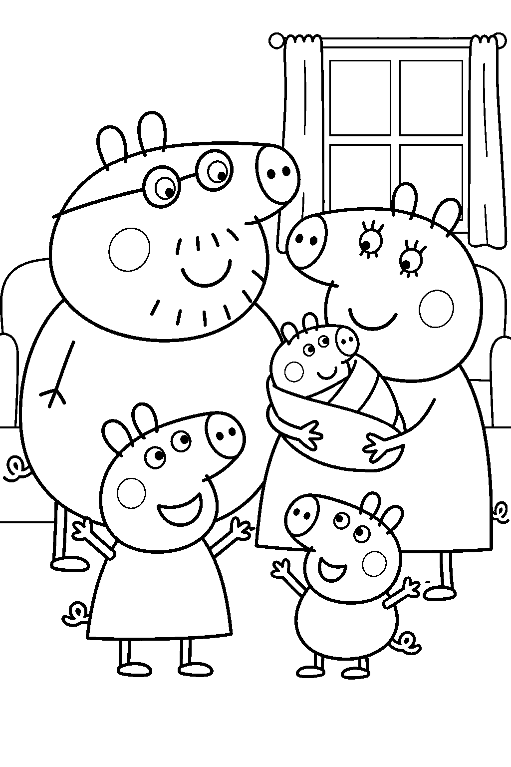 peppa pig welcoming baby evie with george while mummy pig holds her and daddy pig stands beside them line art