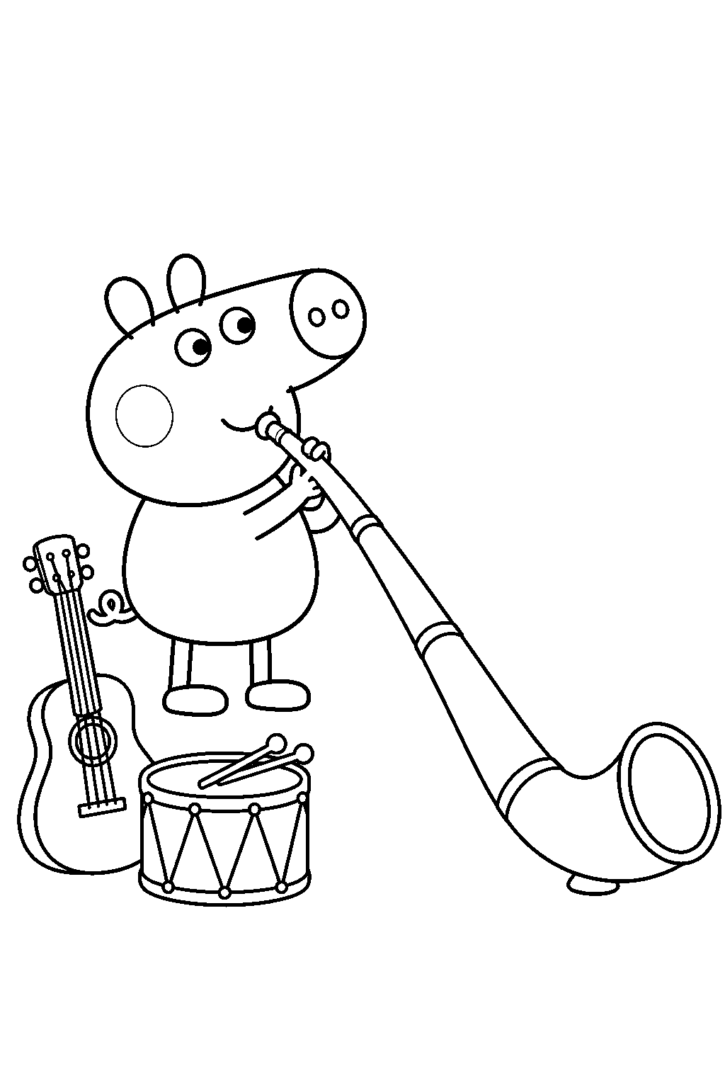 george pig blowing a swiss horn beside the family s musical instruments line art