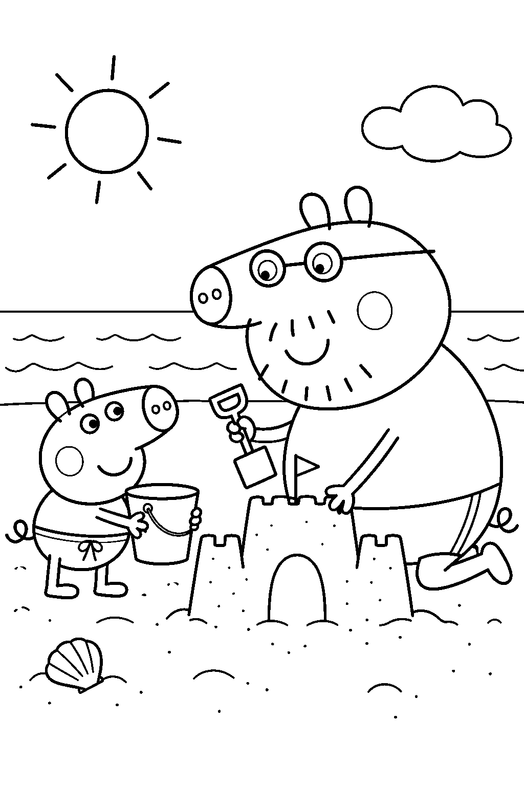 george pig building a sandcastle with daddy pig on the beach line art