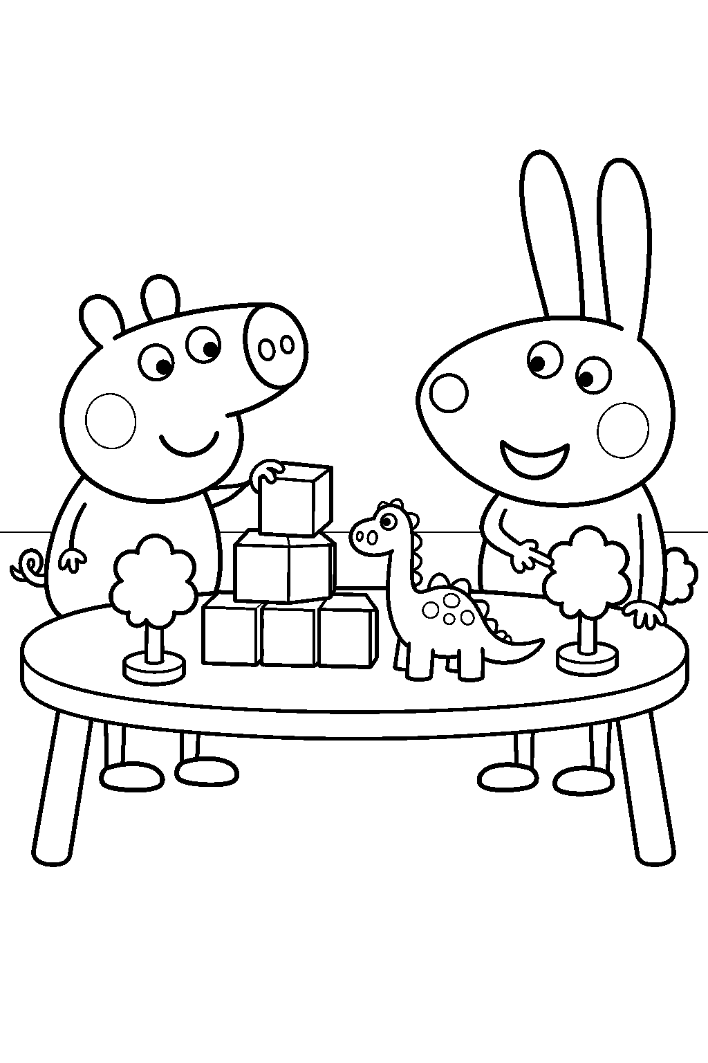 george pig building dinosaur land with richard rabbit using blocks and toy trees line art
