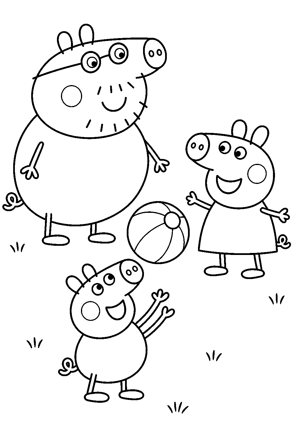 george pig catching a ball while playing with peppa pig and daddy pig line art