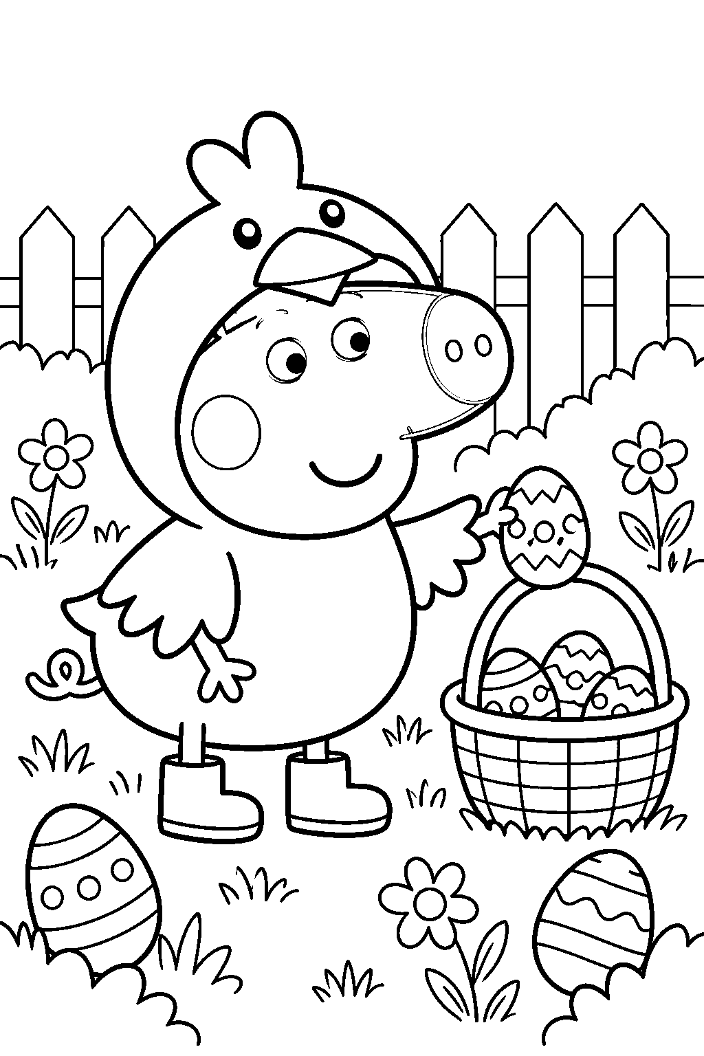 george pig dressed as a chick collecting easter eggs in the garden line art