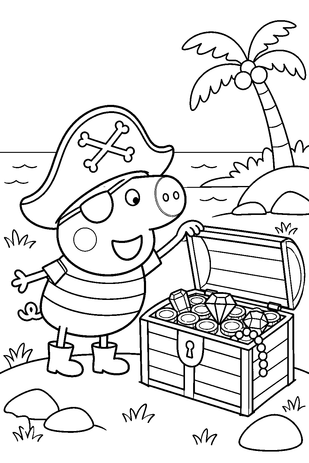 george pig dressed as a pirate discovering a treasure chest line art