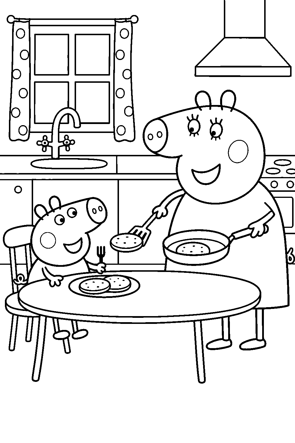 george pig eating pancakes at the kitchen table while mummy pig serves breakfast line art