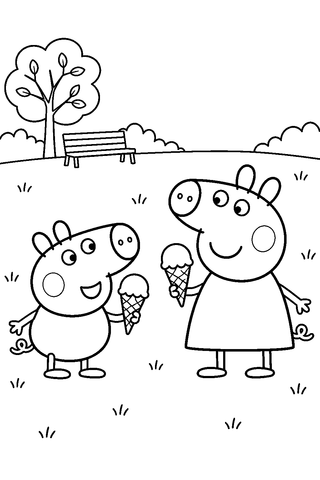 george pig enjoying an ice cream cone beside peppa pig line art