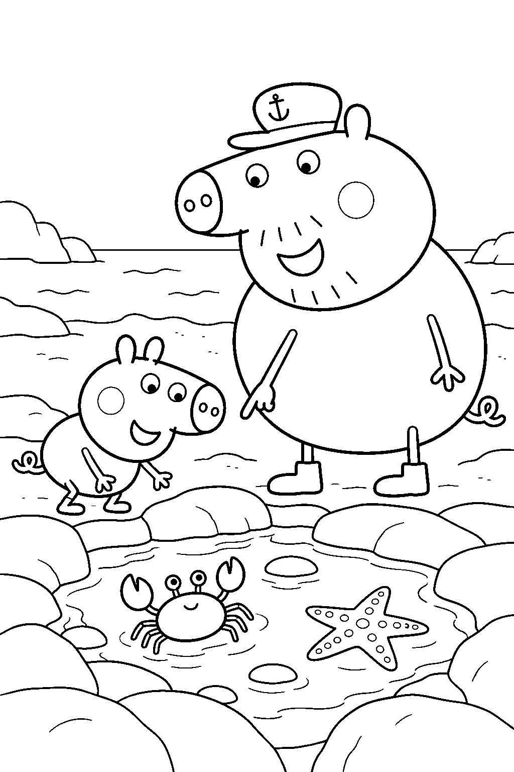 george pig exploring a seaside rock pool with grandpa pig line art