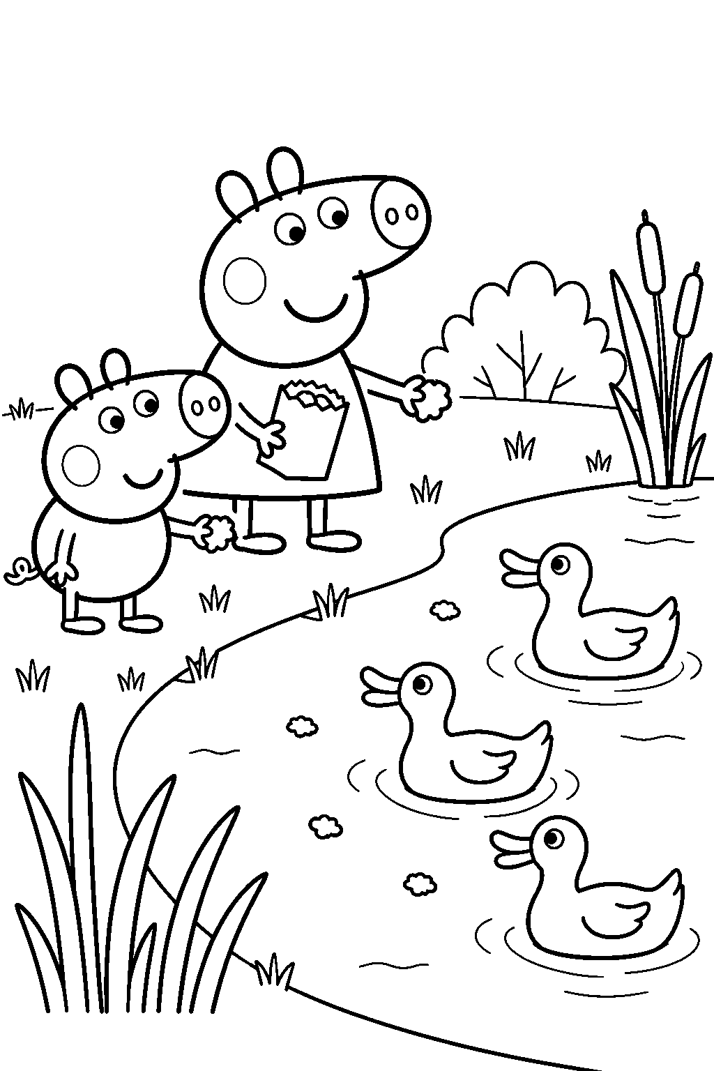 george pig feeding ducks beside a pond with peppa pig line art