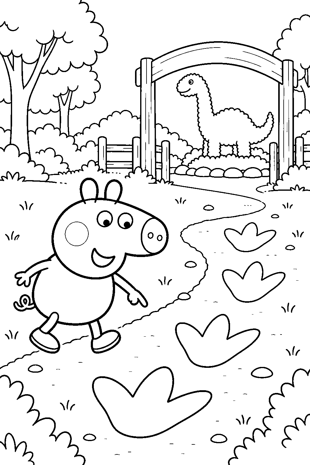 george pig following giant dinosaur footprints at grampy rabbit s dinosaur park line art