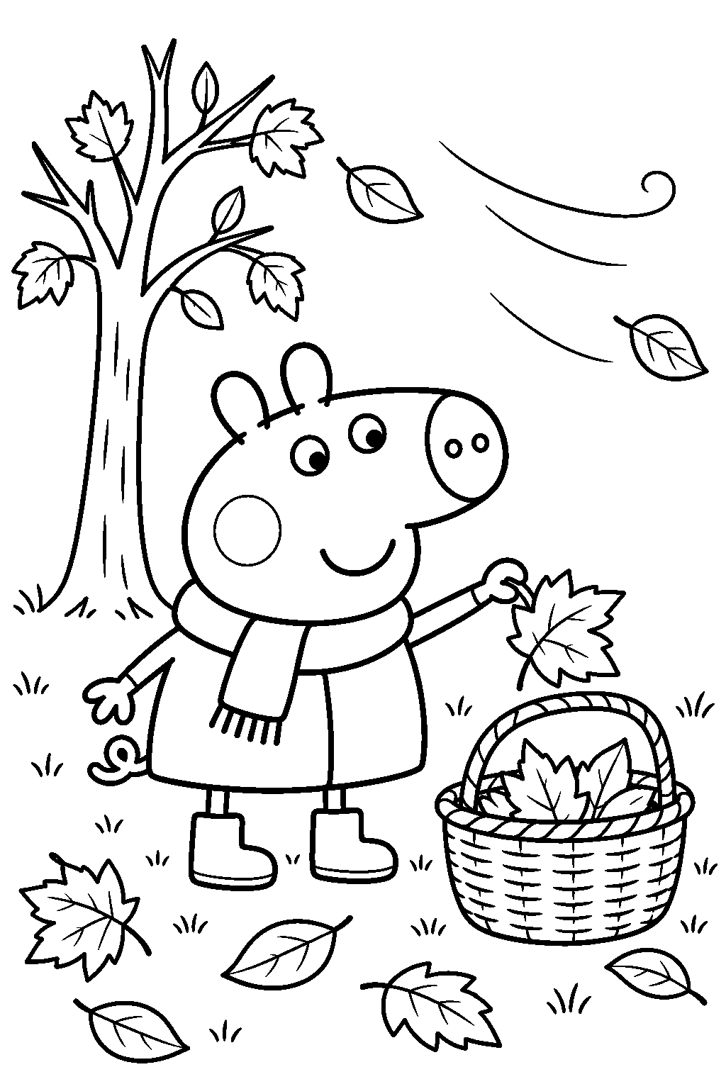 george pig gathering fallen leaves on a windy autumn day line art
