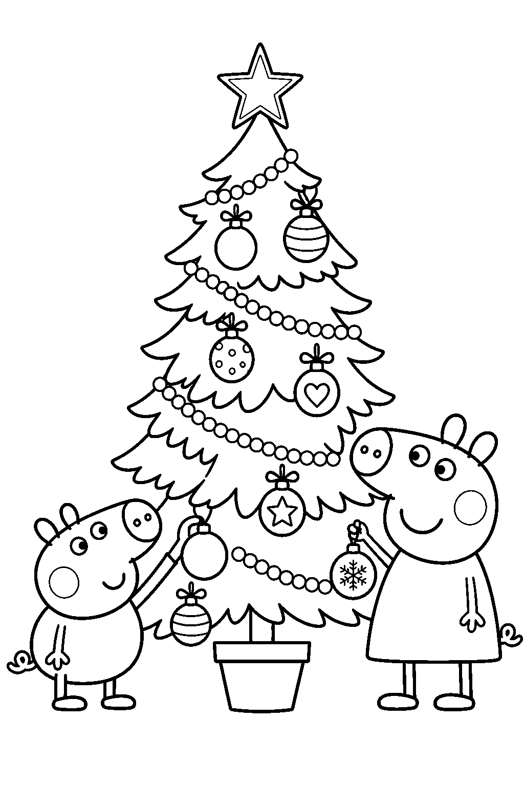 george pig hanging a bauble on the christmas tree with peppa pig line art