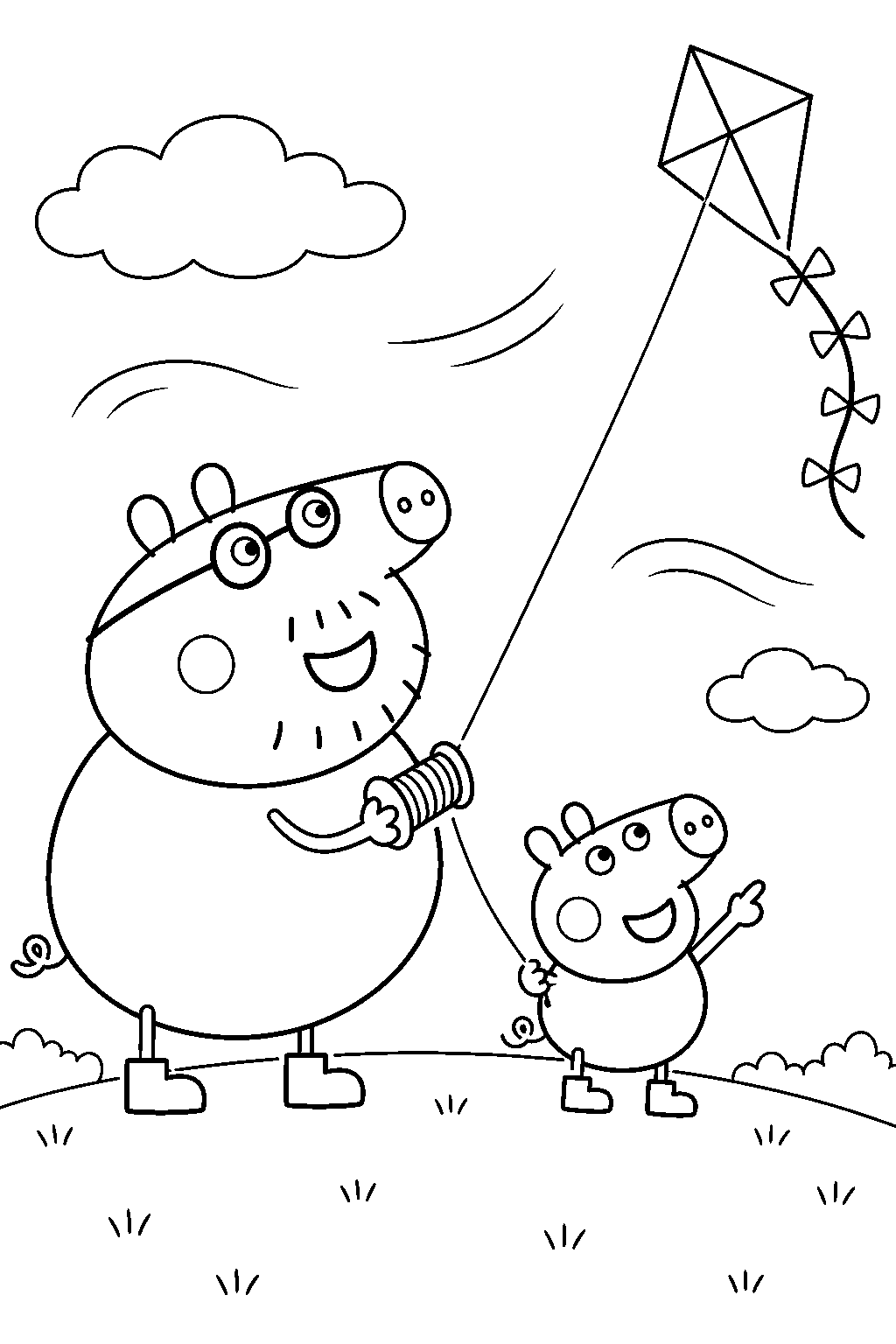 george pig helping daddy pig fly a kite on a windy day line art