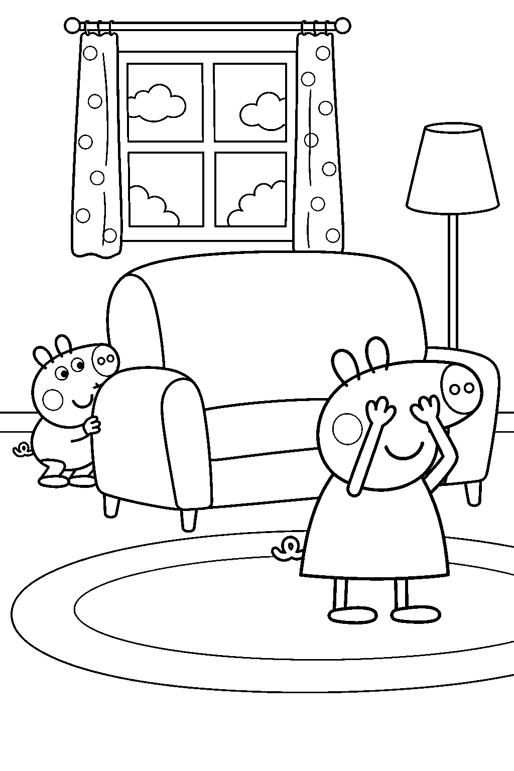 george pig hiding behind the sofa while peppa pig plays hide and seek line art