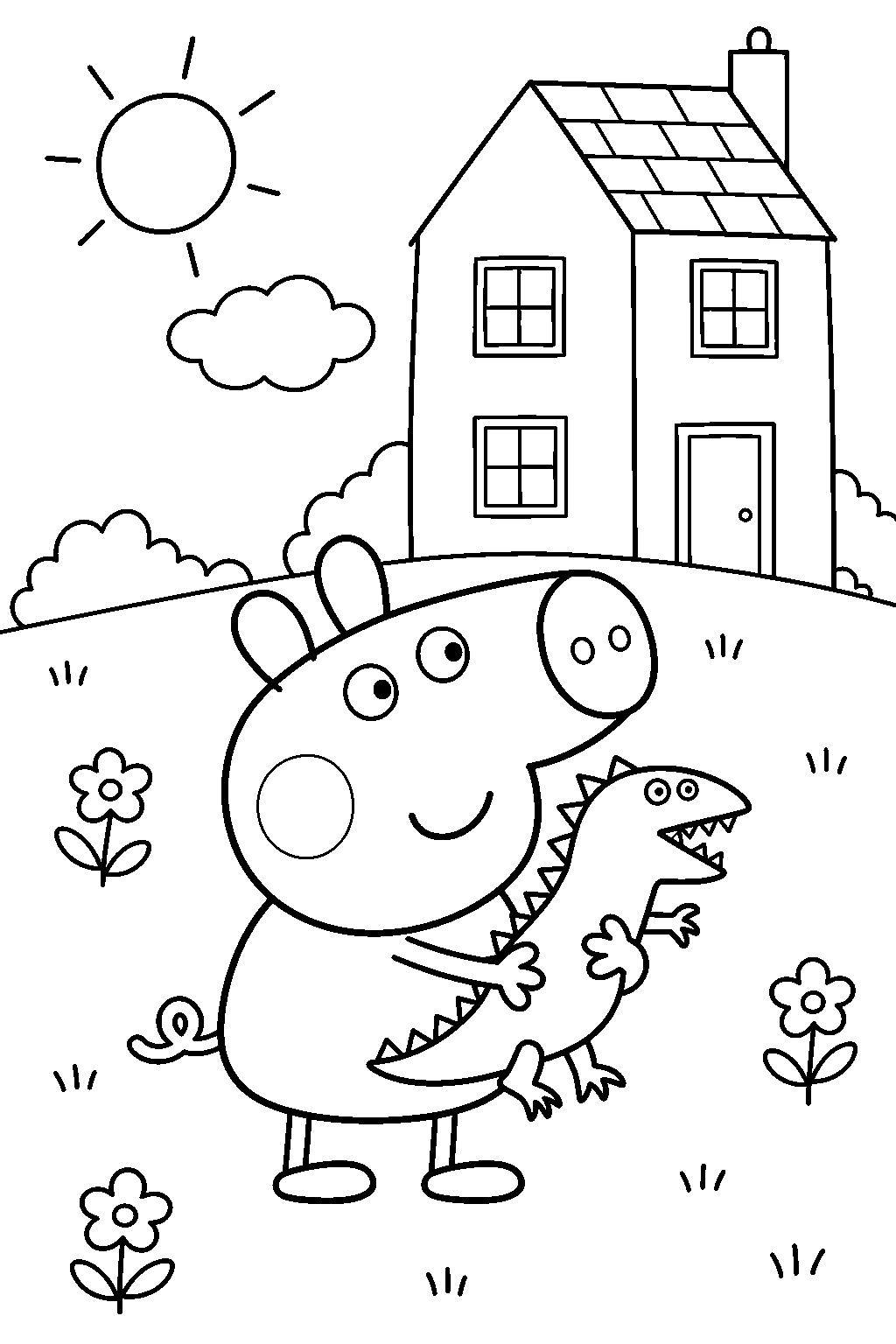 george pig holding mr dinosaur outside the family house line art