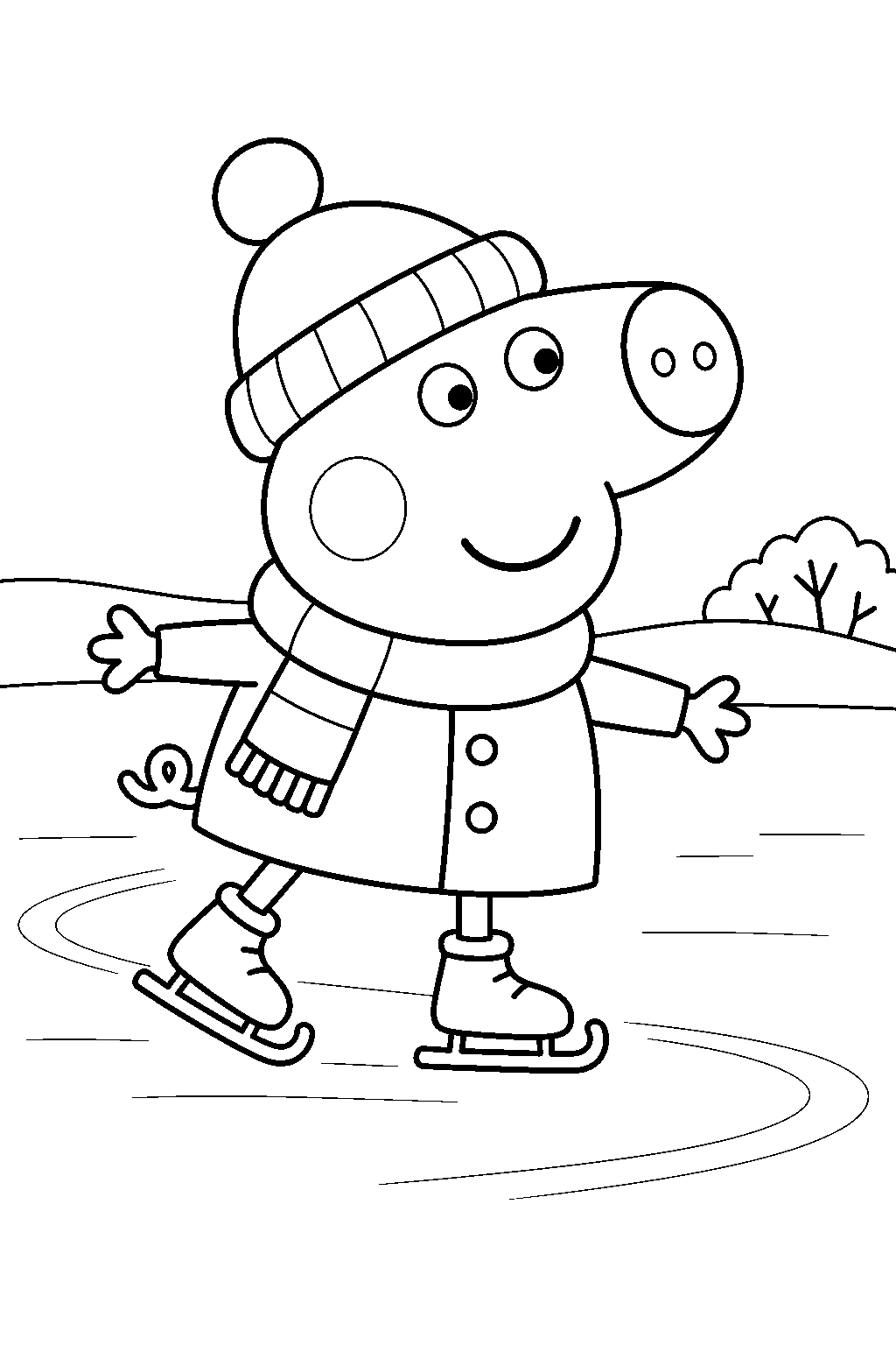 george pig ice skating in a winter hat scarf and coat line art