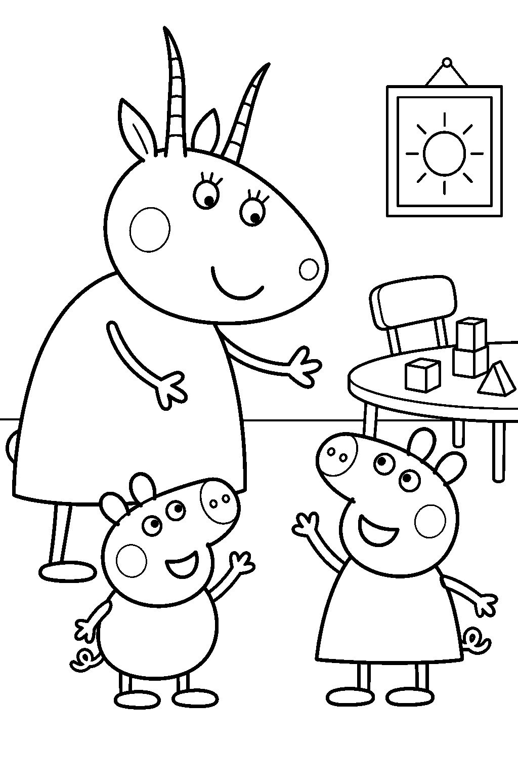 george pig joining peppa pig and madame gazelle on his first day at playgroup line art