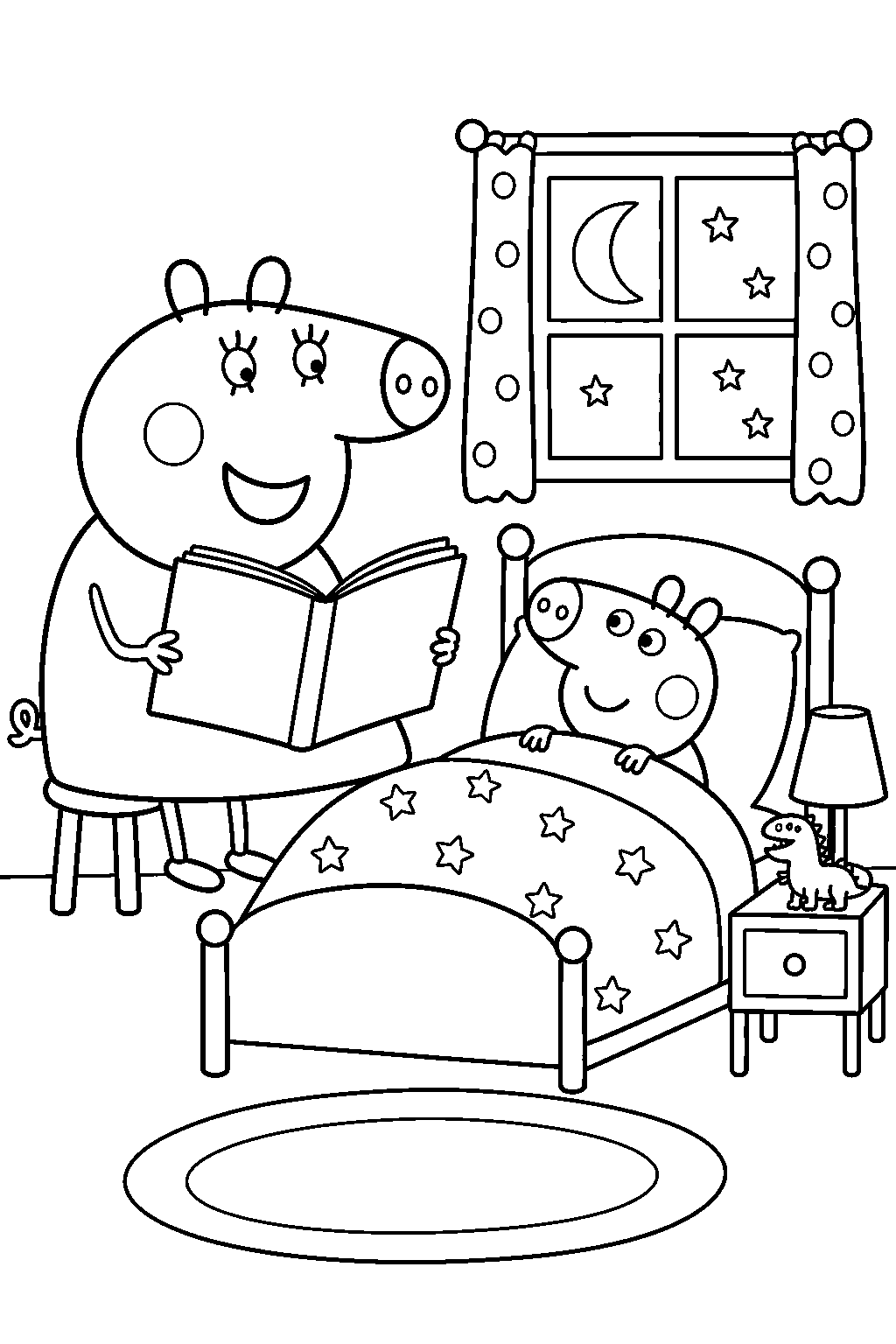 george pig listening to mummy pig read a bedtime story in his bedroom line art