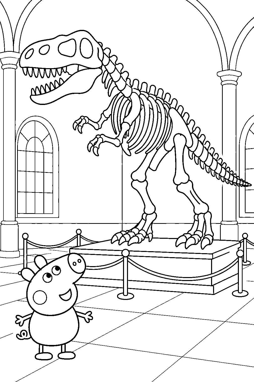 george pig looking up at a huge dinosaur skeleton in the museum line art