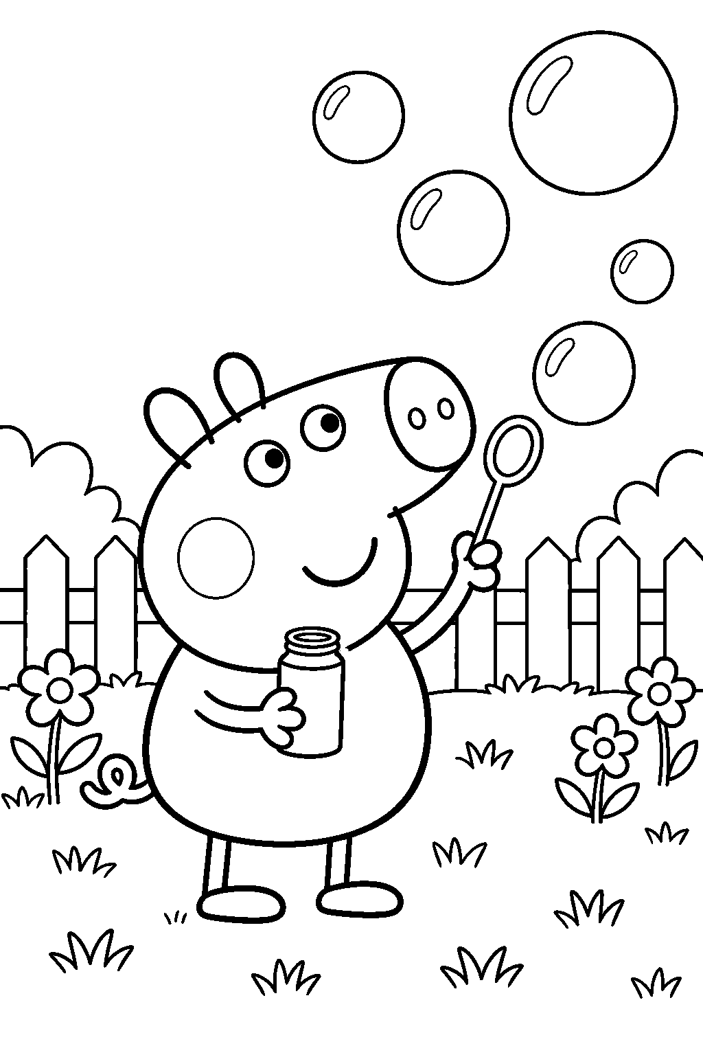 george pig making bubbles with a bubble wand in the garden line art