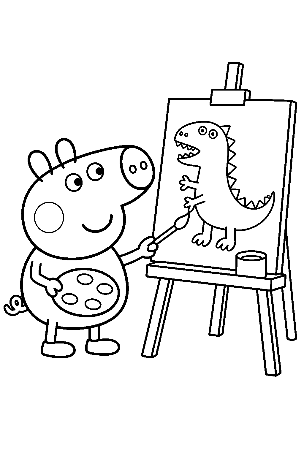 george pig painting a dinosaur picture at an easel line art
